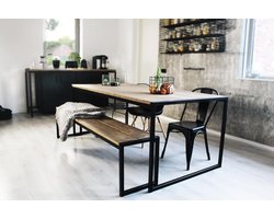 Industriële eettafel + bank hout en staal "Houston" - 180 x 80 x 75 cm - Handgemaakt
