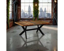 Industriële Eettafel Gerecycled Hout met Stalen X-Poten – Robuuste Houten Eetkamertafel Vintage Look 180x90x76 cm – Duurzame Massief Houten Keukentafel / Dinertafel – Tribe