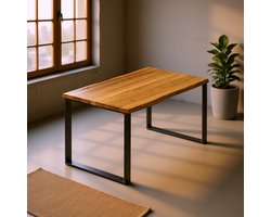 Industriële Eettafel – Massief Houten Boomstamtafel 140 x 80 cm – Handgemaakt Blad met Unieke Nerven – Robuust Metalen Frame Raw Steel – Moderne Retro Eetkamertafel – Rustic Brown – HomeByNicole