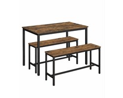 Industriële Eettafel met 2 Banken – 3-Delige Eetkamerset 110 x 70 cm – Keukentafel met Stalen Frame – Compacte Eethoek voor Keuken, Woonkamer of Appartement