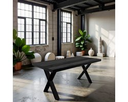 Industriële Eettafel Xavier – 200x100 cm Rechthoekige Zwarte Mangohouten Eetkamertafel met Robuuste Stalen Kruispoot – Grote Duurzame Design Tafel voor 6-8 Personen – Tribe