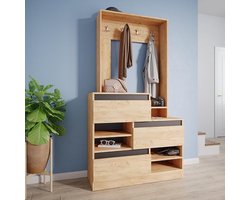 Industriële Garderobekast – Moderne Hangkast 100 x 180 cm – Kapstok met Schoenenrek en Opbergvakken – Eiken Goud Antraciet – Stijlvolle Hal Kast met Haken – Industrialhome