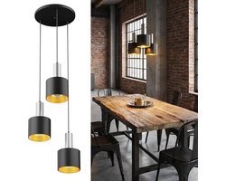 Industriële Hanglamp 3-Lichts E27 – Mat Zwart & Zilver Metaal Pendellamp met Edison Lampen – Warm Wit 2800K – Verstelbaar 150 cm – Eetkamer Verlichting IP20