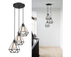 Industriële Hanglamp 3 Lichts Rond – Verstelbare Hanglamp E27 – Vintage Metalen Hanglamp voor Eettafel, Woonkamer & Keuken – Incl. Lichtbronnen – Zwart