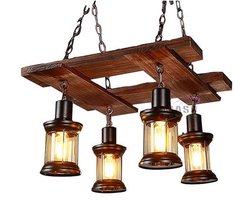 Industriële Hanglamp Hout - 4 Lichtpunten - Vintage Rustieke Eettafel Verlichting - Robuust Hout & Zwart Metaal - Verstelbaar - Exclusief Lichtbronnen