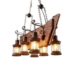 Industriële Hanglamp Hout - 6 Lichtpunten - Vintage Boot-Design - Rustieke Eettafel Verlichting - Verstelbaar - Exclusief Lampen