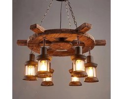 Industriële Hanglamp Hout Scheepsstuur - 6 Lichtpunten - Vintage Maritiem Design - Rustieke Kroonluchter - Zonder Lampen