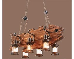 Industriële Hanglamp Hout Vis-Vorm - 6 Lichtpunten - Vintage Rustieke Eettafel Verlichting - Handgemaakt Design - Exclusief Lampen