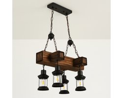 Industriële Hanglamp met Hout & Metaal – 4-Lichts Retro Lantaarn Design – E27 – Vintage Plafondlamp voor Eetkamer/Keuken