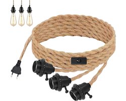 Industriële Henneptouw Hanglamp E27 met Schakelaar - Vintage 3-Lamp Hanglamp met 6,8m Kabel