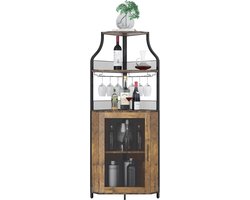 Industriële Hoek Barkast - 5 Lagen Wijnkast met Glazenhouder & Gaasdeuren - Thuisbar voor 50 Flessen - Hout & Metaal - 47x47x154 cm - Rustiek Bruin