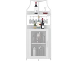 Industriële Hoek Barkast - 5 Lagen Wijnkast met Glazenhouder & Uitneembaar Wijnrek - Thuisbar met Metalen Gaasdeur - Metaal - 47x47x154 cm - Wit