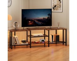 Industriële hoek-tv-standaard-modulaire tv-beugel- stopcontacten-USB-poorten en ledverlichting- 4 open planken- voor woonkamer-bruin