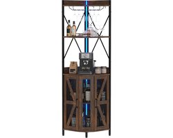 Industriële Hoek Wijnkast met LED Verlichting - 5 Niveaus Barkast met Glazen Deur en Wijnglazenhouder - Wijnrek voor Woonkamer, Keuken & Eetkamer