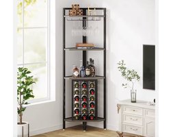 Industriële Hoek Wijnrek met Glazenhouder – Ruimtebesparende Wijnkast voor 18 Flessen – Modern Design – Hout & Metaal – Grijs Zwart