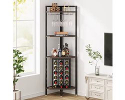 Industriële Hoek Wijnrek met Glazenhouder – Ruimtebesparende Wijnkast voor 18 Flessen – Rustiek Bruin & Metaal