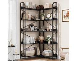 Industriële Hoekboekenkast - L-Vormig Hoekrek met 5 Niveaus - Metaal en Hout - Voor Woonkamer, Slaapkamer & Kantoor - 183 cm Hoog
