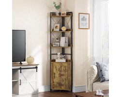 Industriële Hoekboekenkast met Kast – 4-Laags Corner Shelf, Vintage Bruin, 32 x 32 x 180 cm, Ruimtebesparende Hoek Plank met Opbergkast en Open Planken voor Woonkamer, Kantoor en Hal