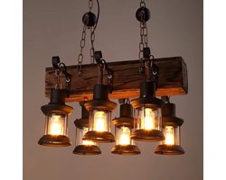 Industriële Houten Balk Hanglamp - 6-Lichts Kroonluchter - Rustiek Hout & Zwarte Metalen Lantaarns - Vintage Eettafel Verlichting - Exclusief Lampen