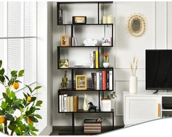 Industriële Houten Boekenkast met 6 Niveaus – S-vormige Staande Wandkast voor Boeken, Planten & Decoratie – Ruimtebesparende Opbergkast voor Woonkamer, Slaapkamer of Kantoor – 80x23x192 cm – Inclusief Bevestigingsmateriaal