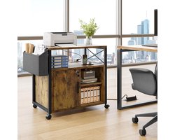 Industriële Houten Printertafel met Stopcontacten en Wielen – Afsluitbare Archiefkast met Planken, Zijvak & USB-aansluitingen – Multifunctionele Opbergkast voor Thuis en Kantoor – 60x44x63 cm