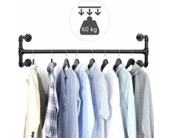 Industriële Kapstok met 2 Kledingstangen, Set van 2 Ophangrails, voor Wand of Muur 110cm Lang, Zwart
