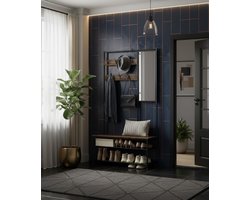 Industriële Kapstok met Spiegel, Schoenenrek en Zitbank – Halmeubel met Haken, Planken & Metaal – 35x98x180 cm – Vintage Bruin & Zwart – Perfect voor Hal of Slaapkamer – Medahomestore