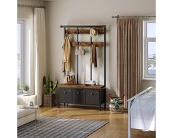 Industriële Kapstok met Zitbank & Schoenenopslag – 12 Haken – Vrijstaand Halmeubel met Opbergdoos – Metaal & Bewerkt Hout – Bruin/Zwart