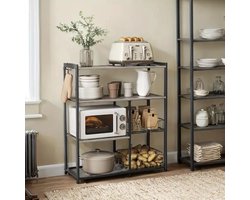 Industriële Keuken Organizer met 2 Metalen Manden & Haken – Vrijstaand Opbergrek met Houten Planken voor Magnetron, Pannen & Bakaccessoires (95H×80B×35D cm)