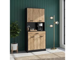 Industriële Keukenkast Buffetkast – Dressoir met 4 Deuren, 1 Lade & Kabeldoorvoer – Hoge Opbergkast met Werkblad – 80x40x180 cm – Zwart & Natuurlijk Hout – Modern Industrieel Design – Grote Opbergruimte – Voor Keuken, Eetkamer of Woonk-Industrialhome