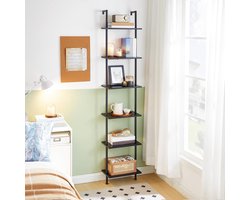 Industriële Ladder Boekenkast met 6 Planken – Wandgemonteerde Smalle Opbergrek, Boekenkast, Plantenrek en Displaykast – Metaal & Hout Design – Vintage Zwart – Modern Industrieel Wandrek voor Woonkamer, Kantoor of Slaapkamer