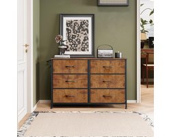 Industriële Ladekast met 6 Stoffen Lades en Houten Bovenblad – Brede Opbergkast voor Hal, Slaapkamer en Woonkamer – Metalen Frame, Uitneembare Lades en Haken – Rustiek Bruin – Mobili Bella