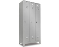 Industriële locker garderobekast 3- delig blauw met pootjes en cilinderslot