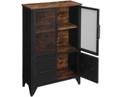 Industriële Opbergkast met Gaasdeuren - 70 cm Breed - Zwart Metaal & Vintage Hout - Hoge Kast (100cm) - Dressoir met 2 Deuren - Hal & Woonkamer