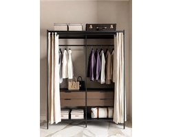 Industriële Open Kledingkast XXL 150x50x214 cm met Gordijnen, Laden en 3 Kledingstangen – Ruime Garderobekast Metaal & Hout – Zwart/Rustiek Bruin – Mobili Bella