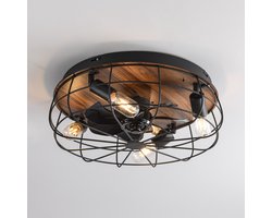 Industriële plafondventilator zwart met houtoptiek - Fistik