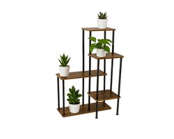Industriële Plantenstandaard 5-Lagen – 43 x 42 x 82 cm - Metaal & Hout – Vintage Bloemenrek - Plantentrap voor Binnen & Buiten – Decoratief Plantenrek - Plantenstandaard - Bruin/Zwart