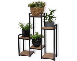 Industriële Plantenstandaard met 6 Lagen - 67 x 20 x 77 cm – Smal Plantenrek van Metaal en Hout - Bloemenrek – Staande Plantentafel voor Binnenen Buiten - Plantenmeubel – Zwart