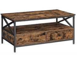 Industriële Salontafel met 2 Lades - Vintage Bruin & Zwart - 100x55 cm - Koffietafel met Open Vak & Opbergruimte - X-Frame Design - Woonkamer Tafel