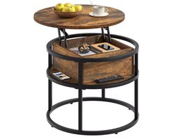 Industriële Salontafel met Lift Top - Ronde Bijzettafel met Opbergvak - Salontafel Verhoogbaar - Houtlook & Metaal - Ø 60 cm - Vintage Bruin/Zwart