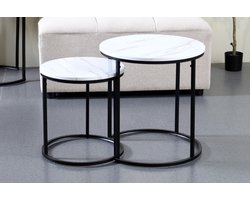 Industriële Salontafelset - Marmer Look wit Set van 2 - Ø 50 x hoog 52 cm / Ø 40 x 42 cm wit / Ronde Bijzettafel / Industrieel / Salontafels / Tafel Rond / Salon Woonkamer / Zwarte Accessoires / Vintage Eetkamer Industriele Koffietafel Huiskamer
