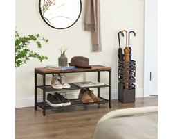 Industriële Schoenenrek Bank – Met 3 Lagen – Metaal & Hout – Schoenenkast met Zitgedeelte – 80x30x44,5 cm – Halbank – Schoenen Organizer