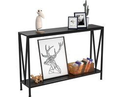 Industriële Sidetable met 2 Niveaus - Smalle Consoletafel & Haltafel - Houtlook & Zwart Metaal - Wandtafel voor Woonkamer, Entree of Achter de Bank - 109 x 25 x 76 cm
