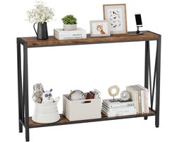 Industriële Sidetable met 2 Niveaus - Smalle Consoletafel & Haltafel - Vintage Houtlook & Zwart Metaal - Wandtafel voor Woonkamer, Entree of Achter de Bank - 109 x 25 x 76 cm