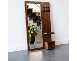 Industriële Spiegel Mangohout (108x60cm) - Spiegel Staand - Wandspiegel Rechthoek Industrieel met Plank - Passpiegel Staand Modern Hout - Staande Spiegel met Plank - Donkerbruin