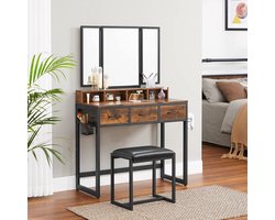 Industriële Stijl Kaptafel met Spiegel en Kruk – Rustiek Bruin/Zwart – Make-uptafel met Opberglades, Sieradenhaken, Föhnhouder en Eco-Lederen Zitkussen – Slaapkamer Meubel – Hout & Staal – 90x40x141 cm – Stoere Vintage Look – Functioneel en Stabiel