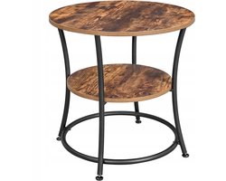 Industriële Stijl Ronde Salontafel / Bijzettafel – Rustiek Bruin met Zwart Metaal – Houtlook – Compacte Tafel met 2 Planken – Stabiel en Multifunctioneel – Voor Woonkamer, Slaapkamer of Hal – 55x55x55 cm – Vintage Loft Design