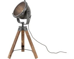 Industriële Tafellamp - Bureau Lamp Tripod - Sfeerverlichting Creëren - Stalen Frame met Hout - 53 cm Hoog - Grijs Bruin