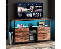 Industriële TV Meubel – 108 cm – Vintage Hout & Metaal – TV Kast met 4 Lades & Open Vakken – TV Meubel met LED Verlichting – TV Meubel voor 55 inch TV