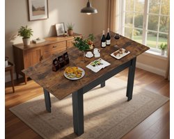 Industriële Uitschuifbare Eettafel 105-150x70 cm - Rechthoekige Houten Eetkamertafel met Zwart Metalen Poten voor 4-6 Personen | Casa Serena